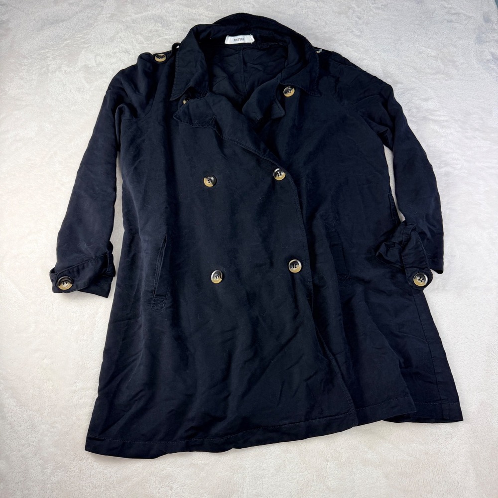 JustFab Trench Coat Womens XL Black Double Breasted Office Siren Lightweight